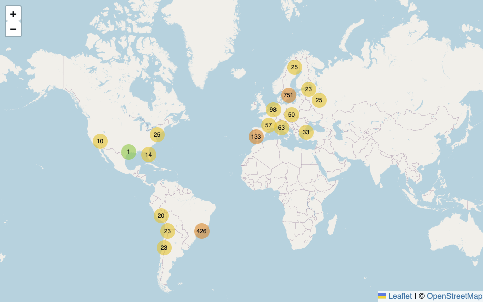 World map containing check-ins from Foursquare and Swarm